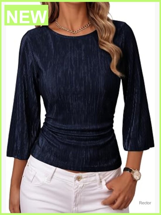 Tops - Womens Ribbed Knit 3/4 Bell Sleeve Boat Neck Ruched Waist Fitted Tee Top